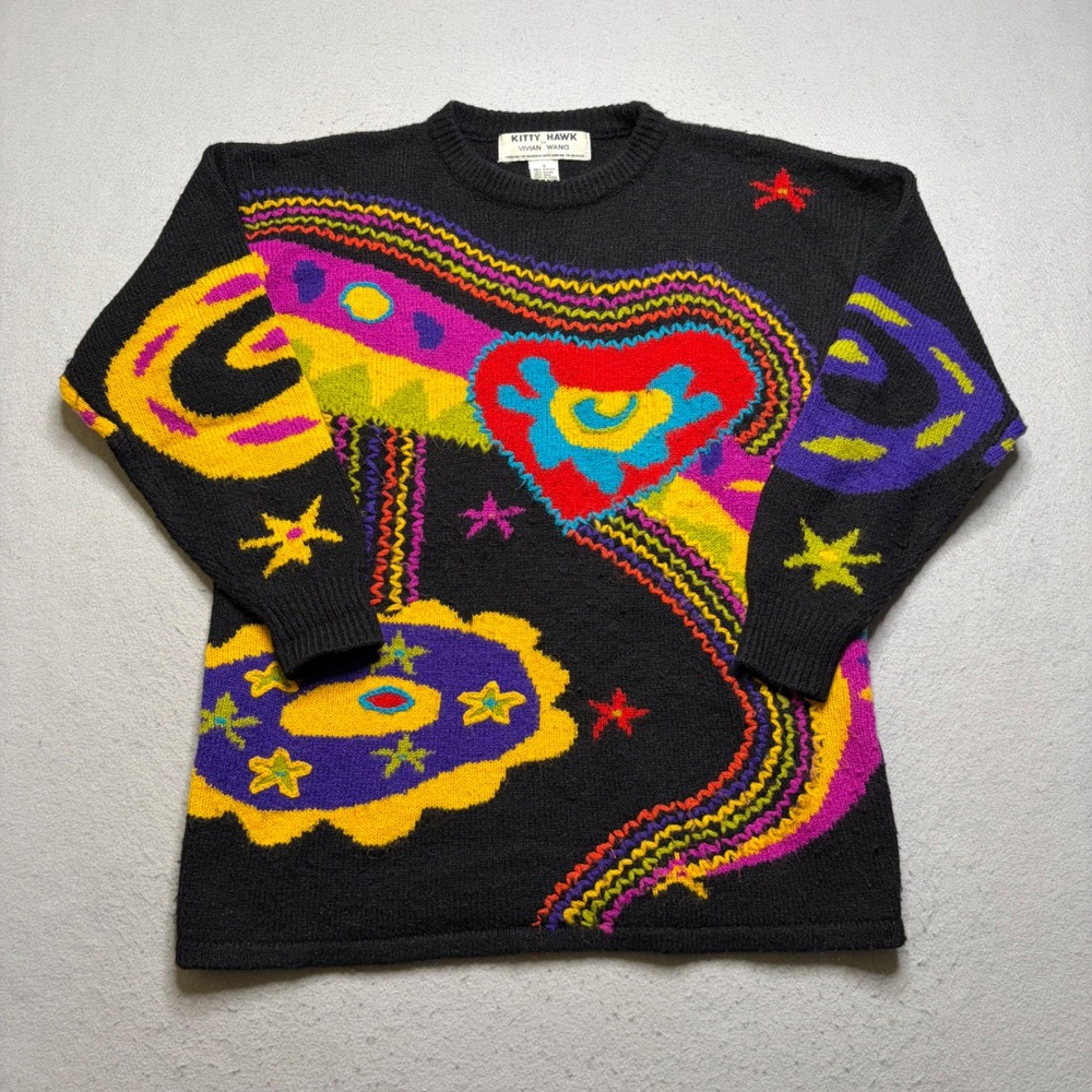 Kitty Hawk Sweater Women Small Black Vintage 90s Vivian Wang Abstract Heart Star